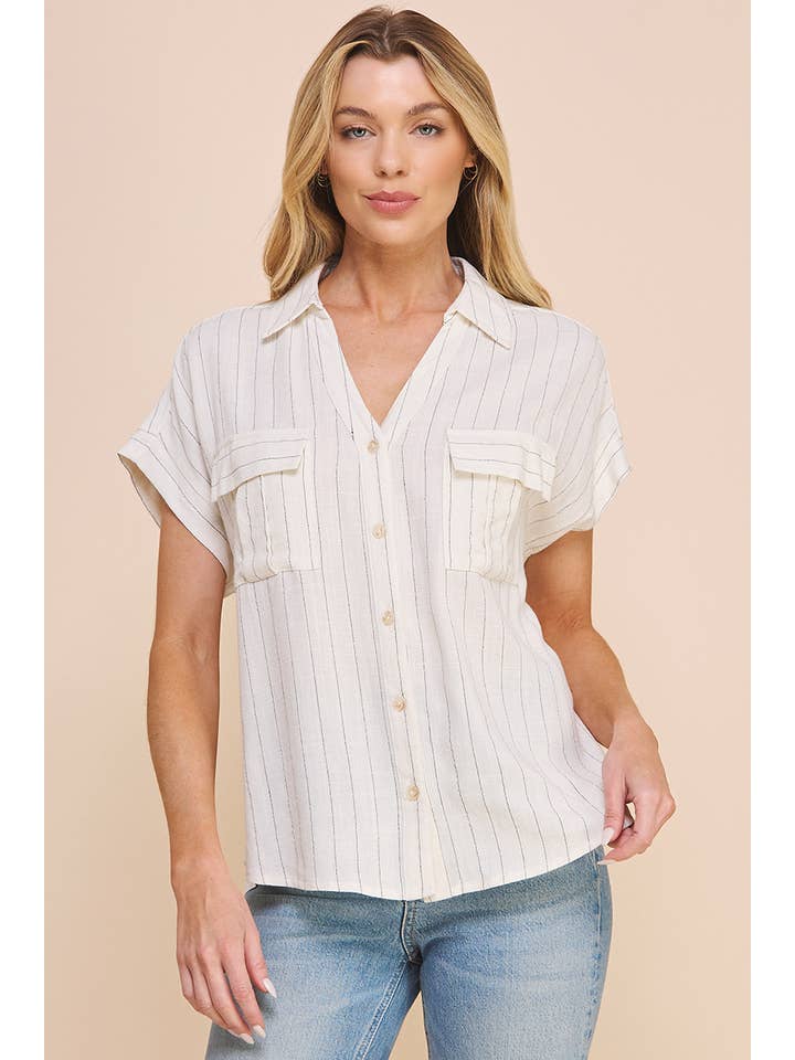 Allie Rose - Wholesale Button Down Shirt - Women's - Dolman V-Neck Shirt in Linen Blend8