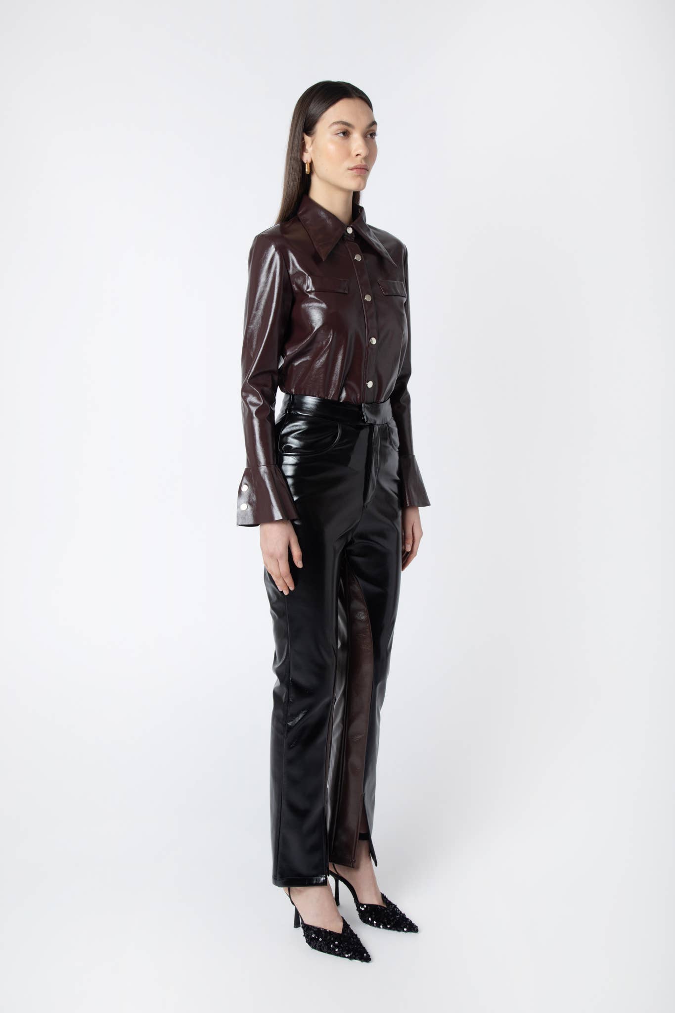 Brown Black Noor High Shine Faux Leather Pants for wholesale on Faire6