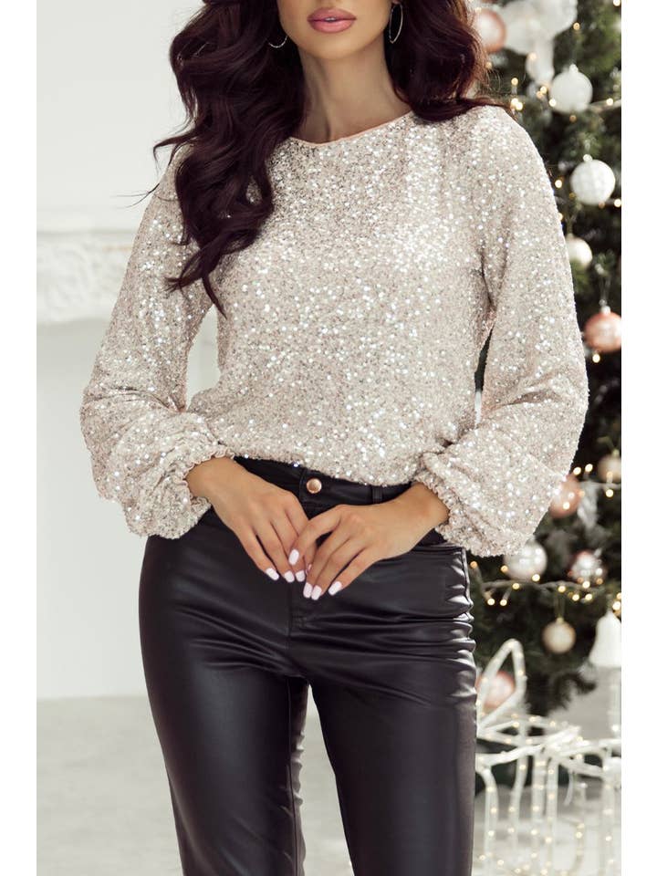 Silvery Sequin Puff Sleeve Cutout Back Blouse for wholesale on Faire