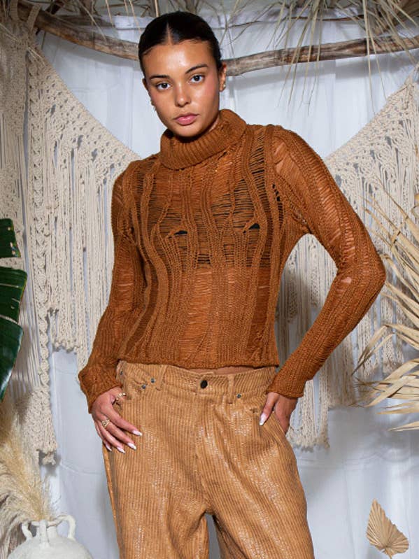 Geribde gebreide trui met hoge hals en distressed look voor wholesale door Rehab Lab