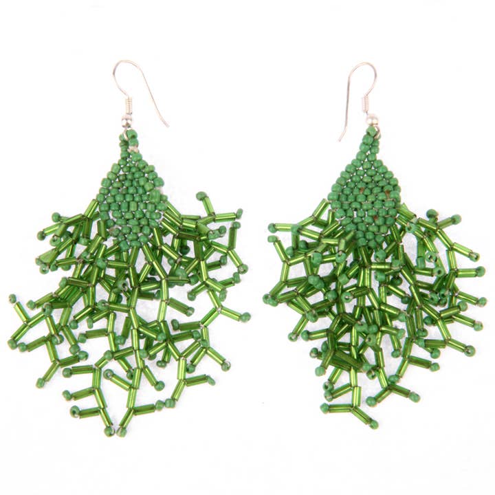 Seed bead earrings fringe _ bugle beads antique green for wholesale by Erik & Mike