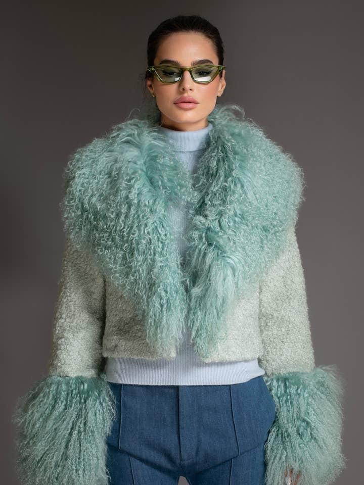 Mint Green Cropped Mongolian Sheared Wool Coat for wholesale by Nuvula