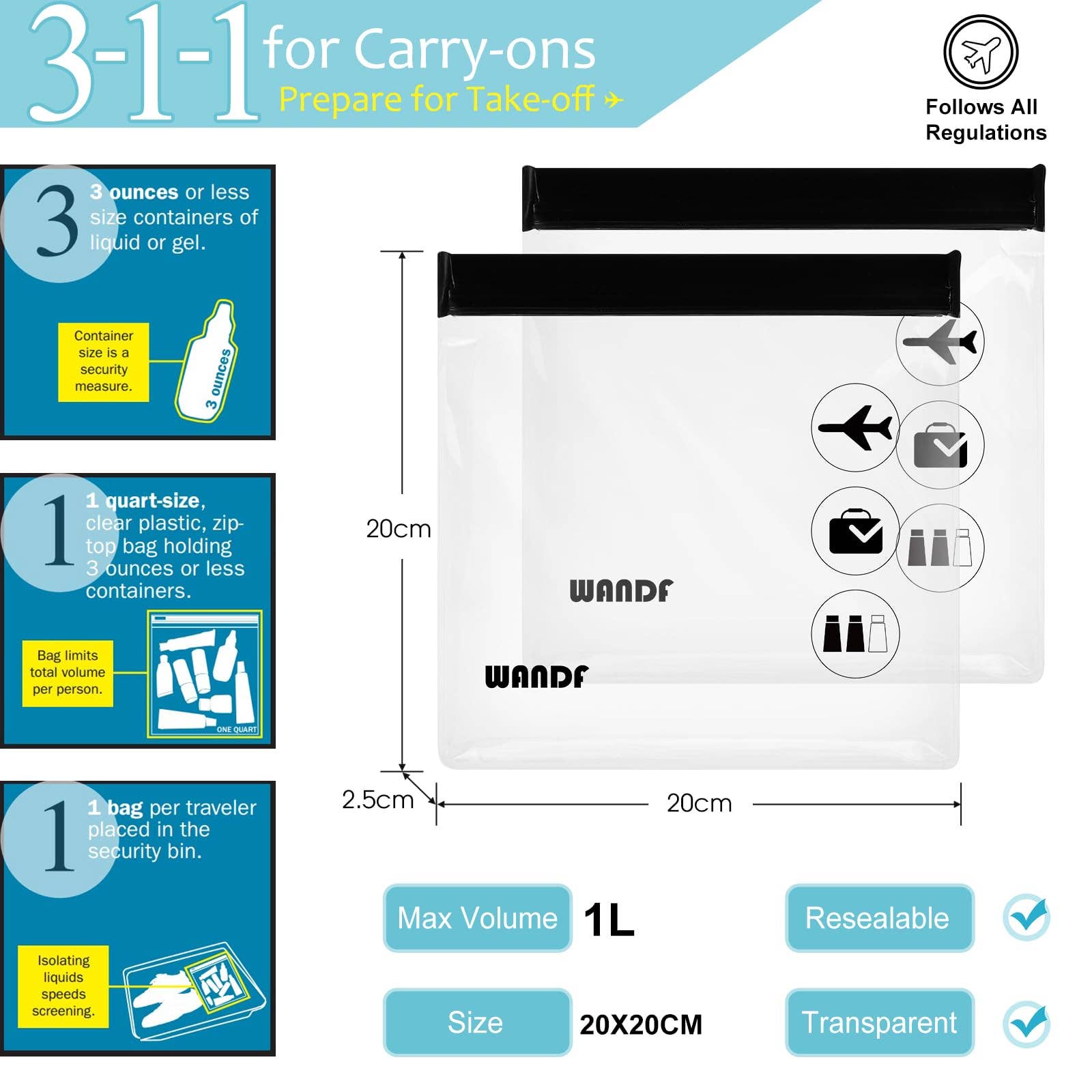 wandf - Vente Trousse de toilette – unisexe - Trousse de toilette de voyage 3-1-1 transparente WANDF approuvée par la TSA7