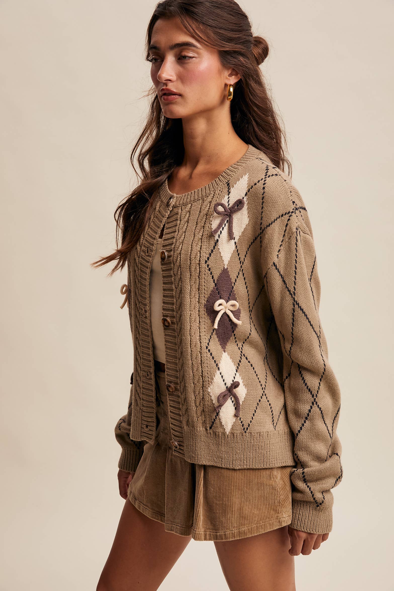 Listicle - Venta al por mayor Cárdigan - Mujer - Cárdigan de Punto con Detalle de Lazo Argyle LSW097312