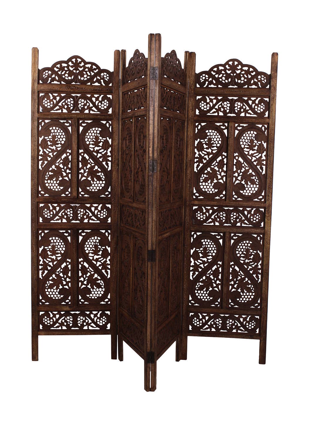 iAnanas - Wholesale Room Divider - Handmade Mango Wood Screen with Floral Designs, 4 Pieces, Space Saving, Decorative Privacy Screen for Living Room, Bedroom, Office & Balcony, 203x2x180 cm, Brown2