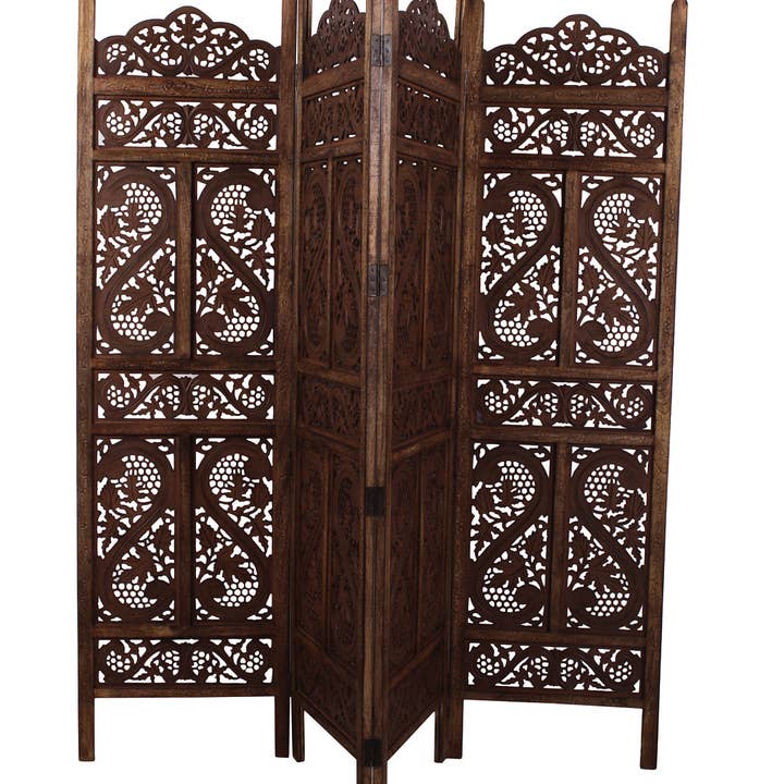 iAnanas - Wholesale Room Divider - Handmade Mango Wood Screen with Floral Designs, 4 Pieces, Space Saving, Decorative Privacy Screen for Living Room, Bedroom, Office & Balcony, 203x2x180 cm, Brown2