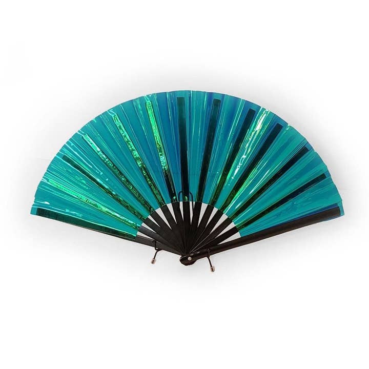 Aqua Iridescent Rave Folding Fan for wholesale by Holic Mode