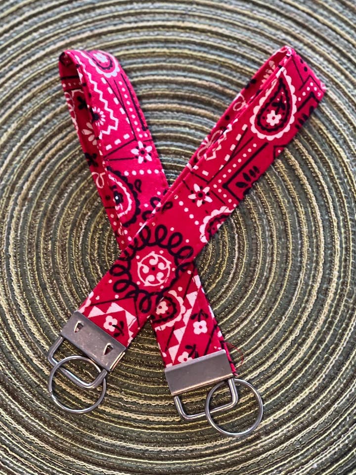 Red Paisley Bandanna Wrist Lanyard Wristlet Keychain for wholesale by Jbird Handcrafted