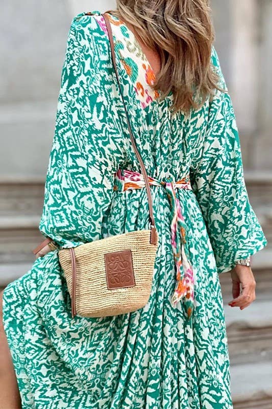 green loose long sleeve bohemia floral maxi dress for wholesale on Faire2