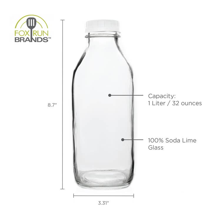 Fox Run Brands - Wholesale Milk/Juice Bottle - Fox Run Classic Glass Milk Bottle With Lid, 32 oz or 1 Quart