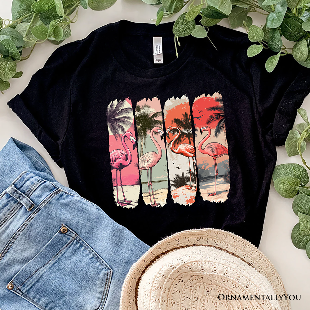 Noir T-shirt d'été Flamant Rose Plage, T-shirt Rétro Vacances Tropicales en vente sur Faire6