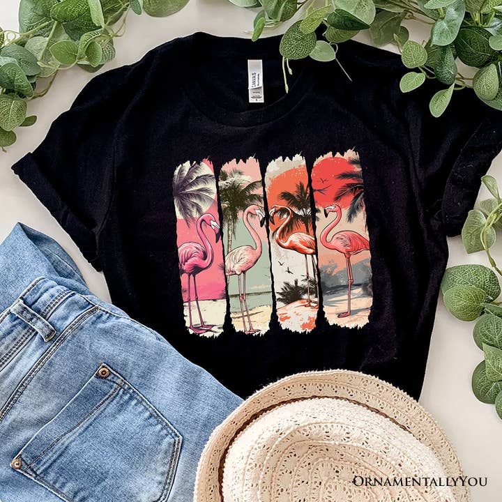 Noir T-shirt d'été Flamant Rose Plage, T-shirt Rétro Vacances Tropicales en vente sur Faire6