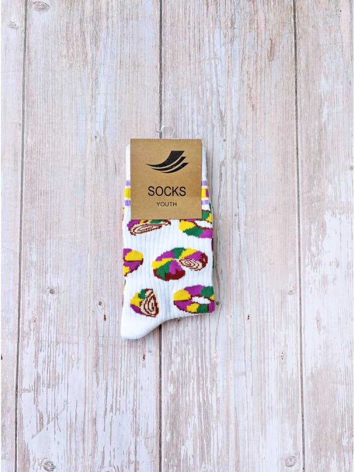 Mardi Gras Creations - Wholesale Socks - Unisex - White Let Them Eat King Cake Ribbed Socks2