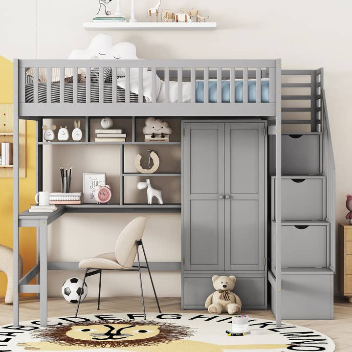 Gray Full size Loft Bed with Bookshelf, Drawers, Desk for wholesale on Faire1
