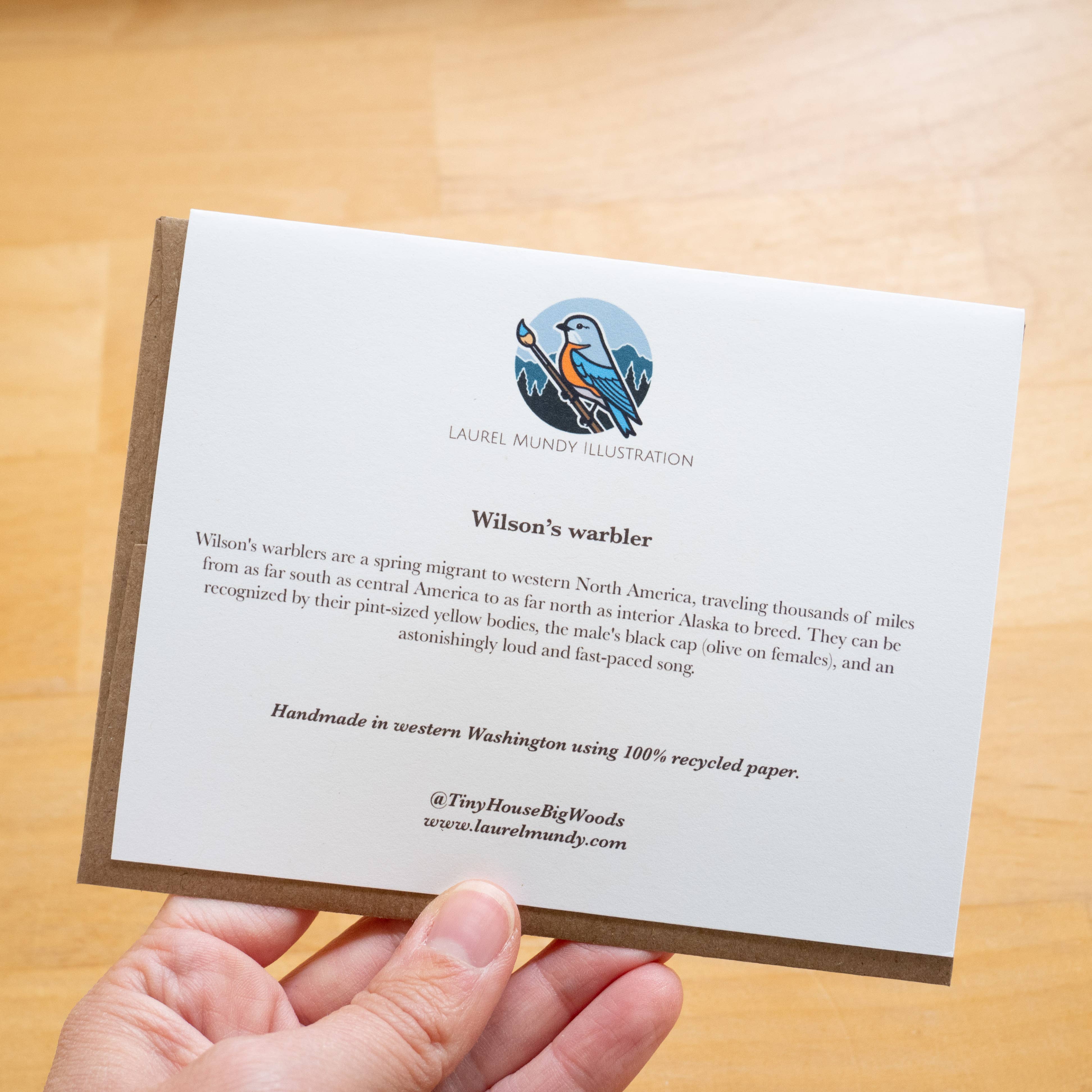 Laurel Mundy Illustration - Wholesale Everyday Greeting Card - Wilson's Warbler Greeting Card 100% Recycled Paper2