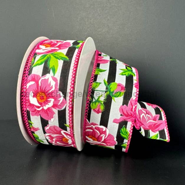 Rayure Cabana Noir-Blanc/Pivoines Fuchsia, 1,5"X10Y 41544-09-21 pour la vente par DecoExchange