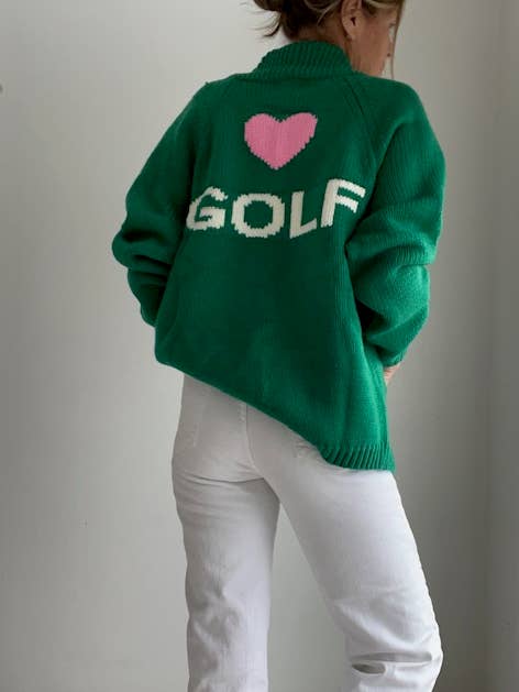 Varsity Heart Golf Cardigan in Green for wholesale by Pink Pineapple