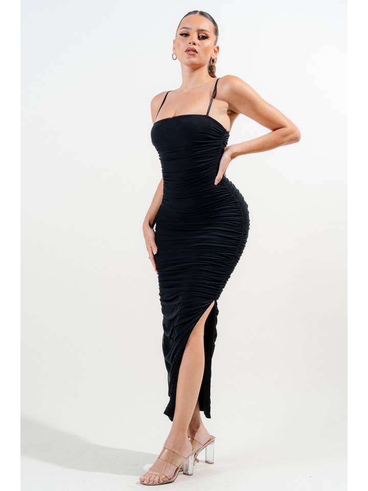 PRIVY - Vente Robe – femme - PD6771NW_LUX ROBE MIDI FENDUE CÔTÉ OUVERT EN MAILLE FRONCÉE6