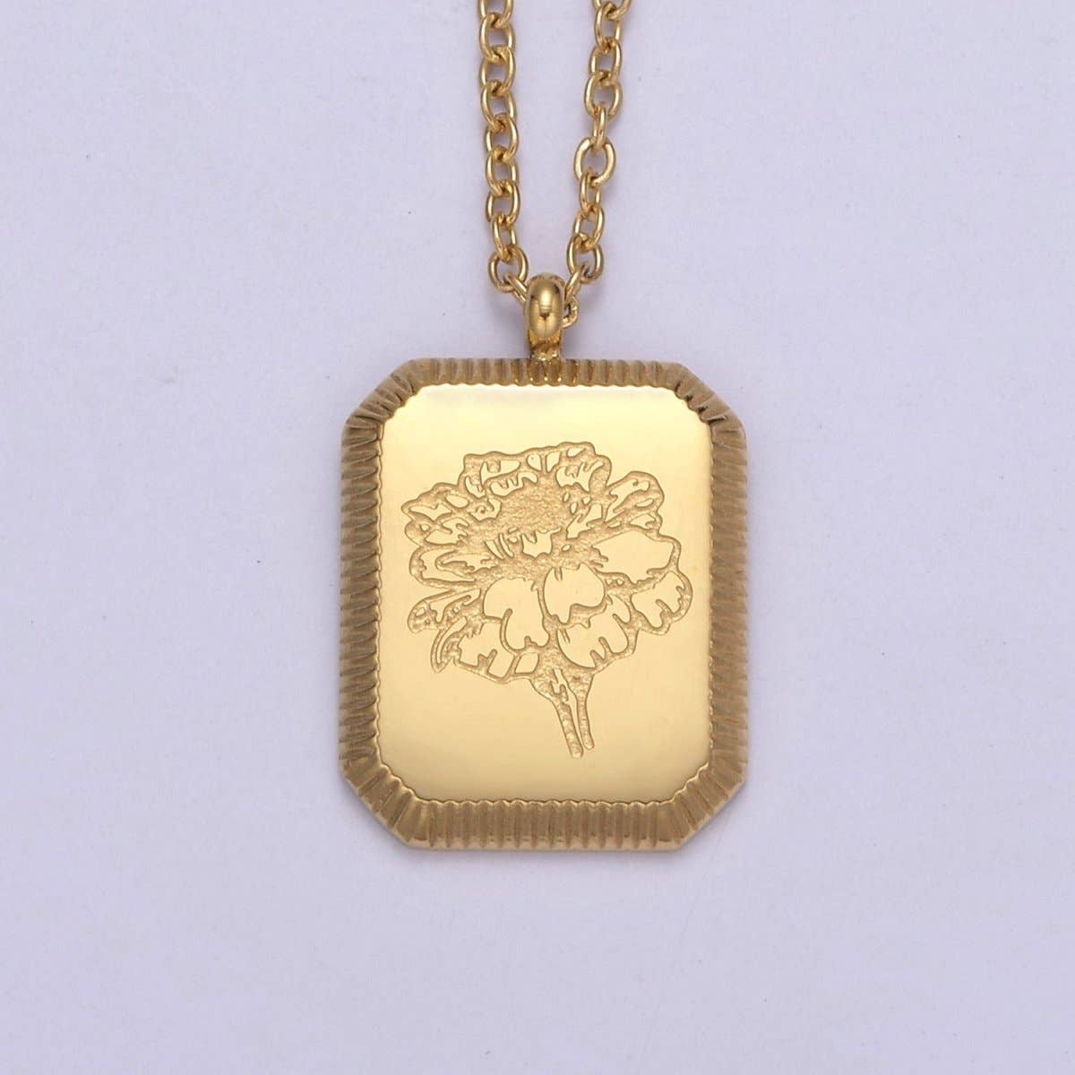 Aim Eternal - Wholesale Pendant/Charm Necklace - Gold Flower Tag Charm Engraved Floral Pendant Necklace with Cable Chain Necklace Wholesale Fashion Jewelry | WA-649 to WA-660 Clearance Pricing8