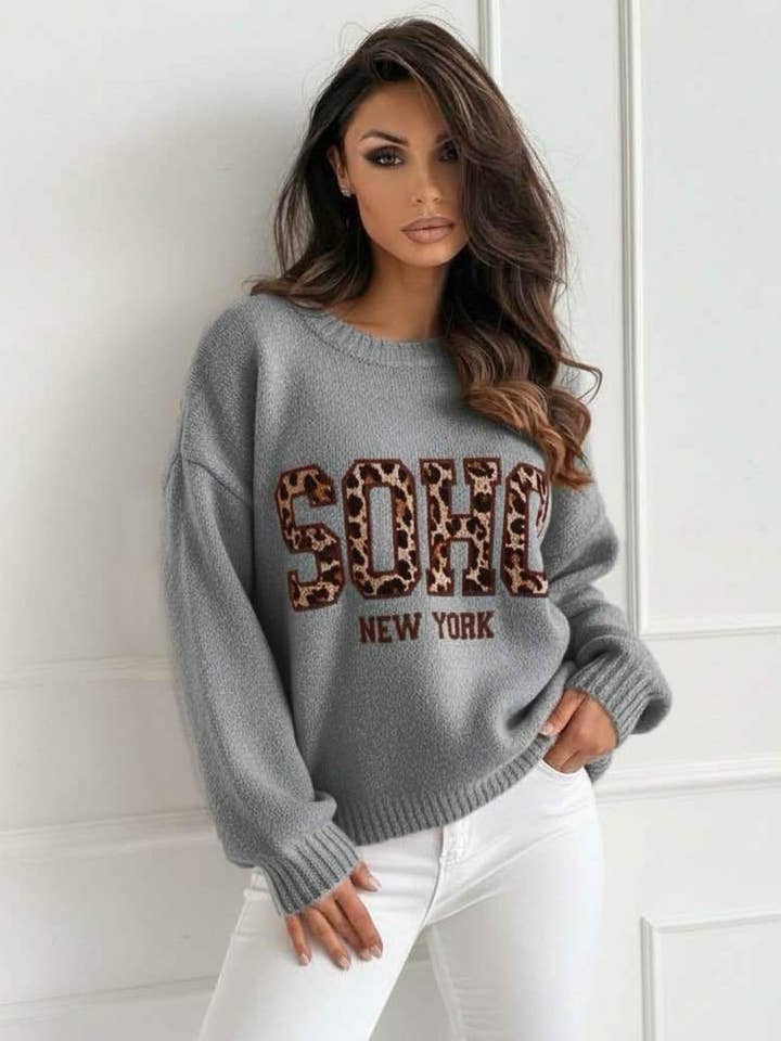 Nixi “Soho NY” Animal Graphic Knit Sweater Jumper-Grey for wholesale by Catwalk Wholesale