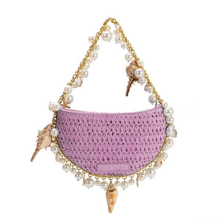 Melie Bianco - Wholesale Top Handle Bag - Women's - Isla Lavender Small Shells Straw Top Handle