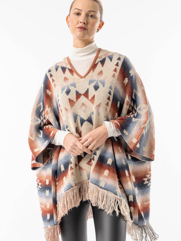 California Californian Hooded Batwing Poncho with Fringe for wholesale on Faire