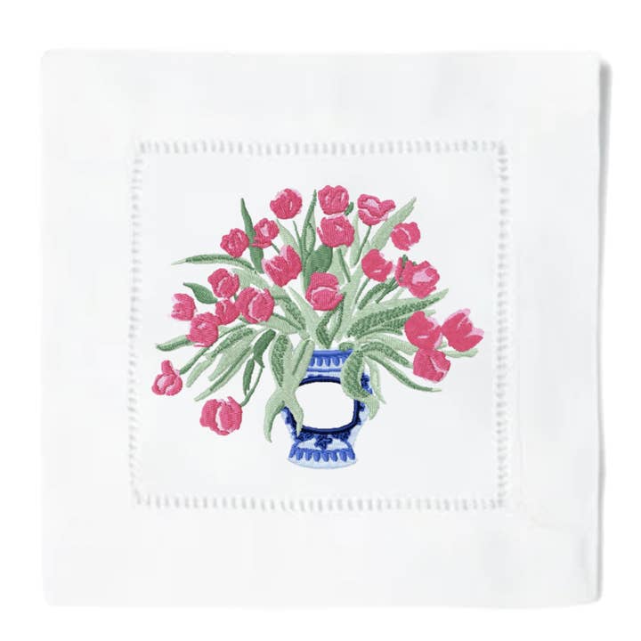 Serviettes à cocktail Chinoiserie Tulip Vase pour la vente par Blythe Embroidery Co.