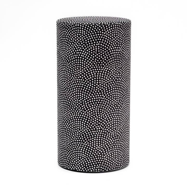 Japanese Chazutsu - 江東堂 Kotodo - Black White Dot Washi Wrapped Metal Tea Canister - 200g for wholesale by Tezumi