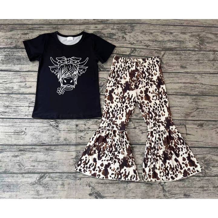 Aier Wholesale - Wholesale Top & Pant Set - Kids - Baby Girls Black Shirt Cow Print Bell Pants Clothes Sets1