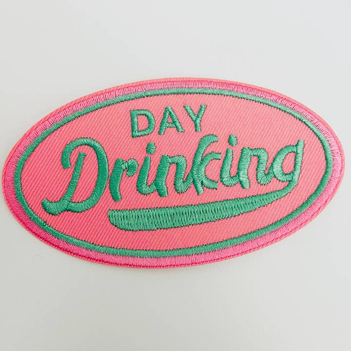 TEELUX - Wholesale Patch - 4" Day Drinking in Pink and Teal - Embroidered Hat Patch (Version 2)