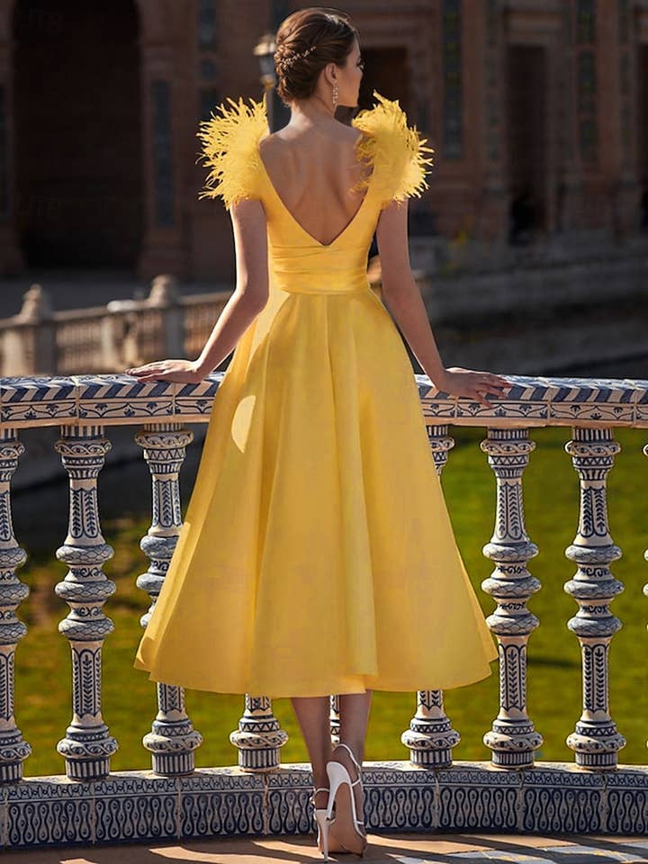 YELLOW V-Neck Sleeveless Feather-Trimmed Backless Dresses For Women for wholesale on Faire2