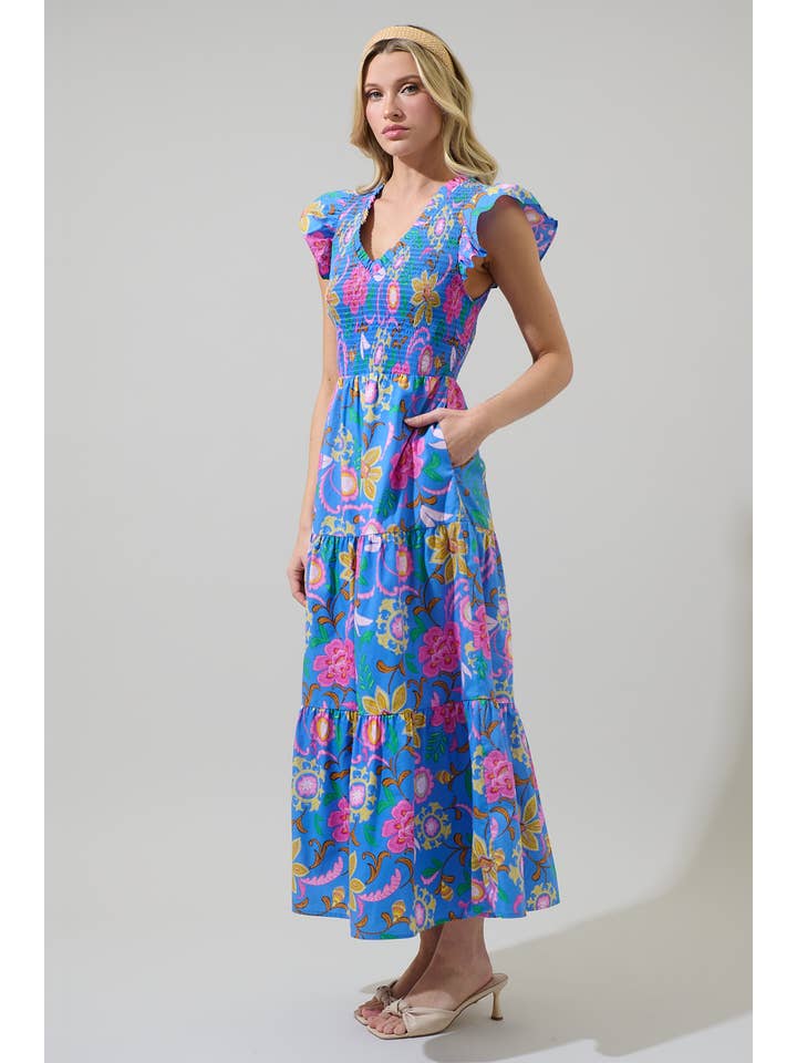 MED BLUE MULTI Faro Floral Sunfire Tiered Midi Dress for wholesale on Faire