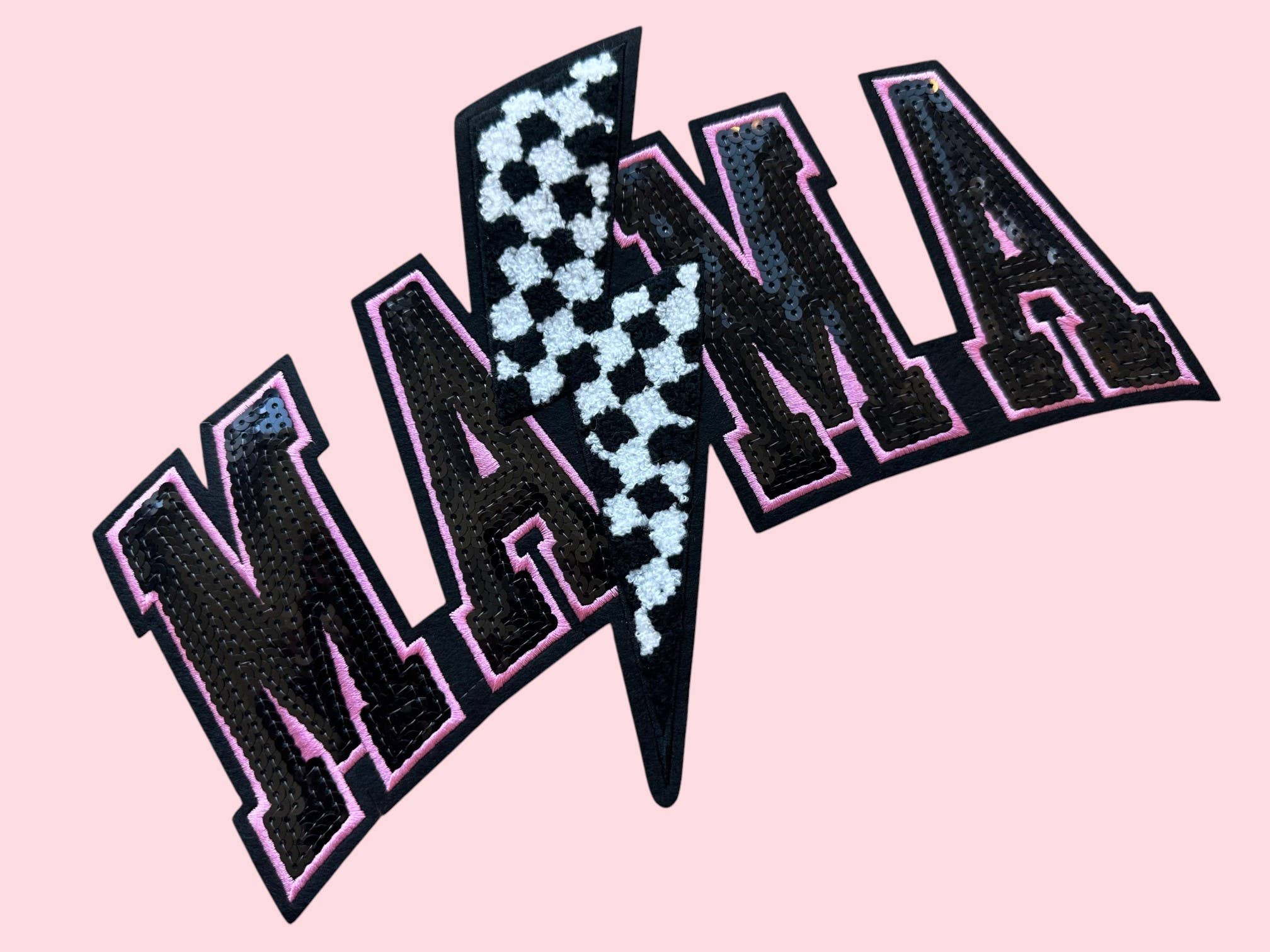 Rosie Posie Patches - Wholesale Patch - Mama Checkered Lightning Bolt Chenille Sequin Iron On Patch1