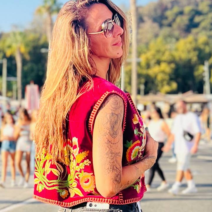 Kinomy - Wholesale Outerwear Vest - Women's - Embroidered velvet vest, boho vest, women's short vest0