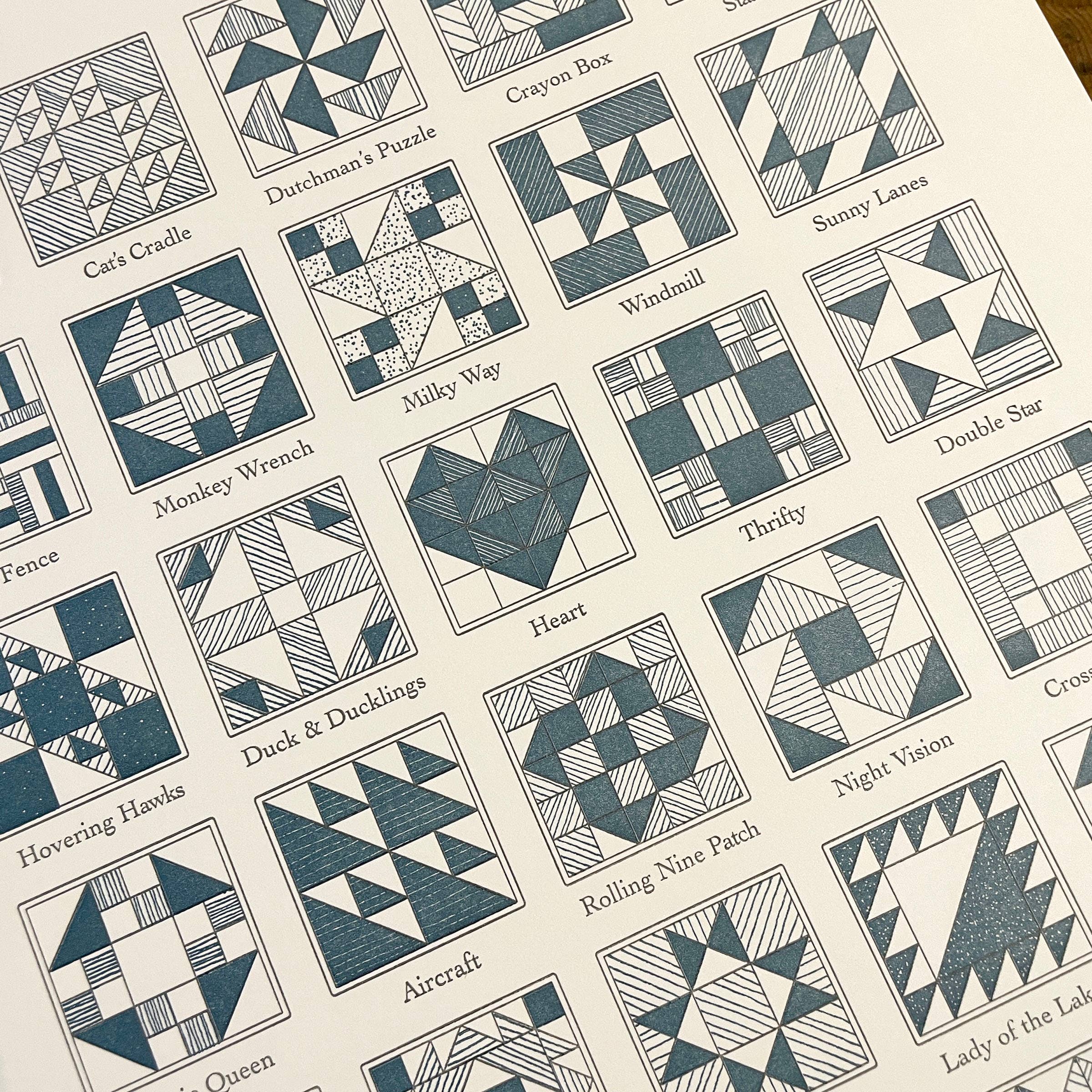 Green Bird Press - Wholesale Art Print - A Few Quilt Blocks Letterpress Print - 12" x 18"2