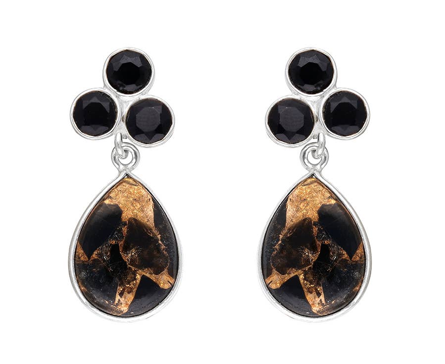 Tiramisu - Vendita all'ingrosso Orecchini pendenti - Orecchini a bottone in argento Sterling 925 con onice di rame nero