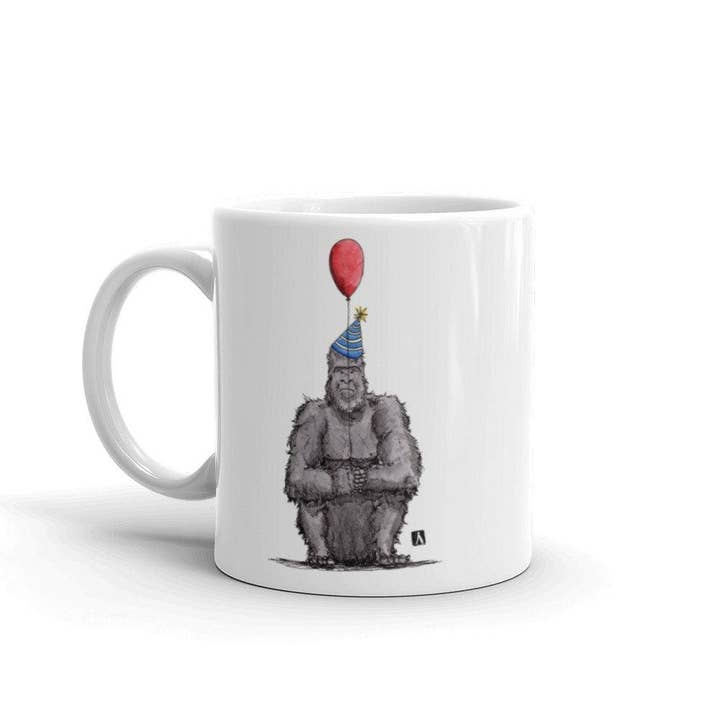 Bellavance Ink - Wholesale Coffee Mug - White Coffee Mug With Grumpy Birthday Gorilla And Balloon3