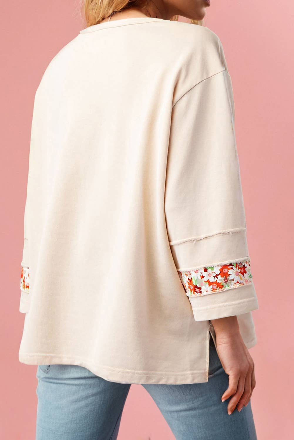 Beige Plus Size Flower Patched Side Slits Crewneck Top (S-4X) for wholesale on Faire3