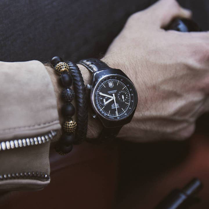 Bhoma - Mens Designer Jewelry - Wholesale Jewelry Set - Saturday Stack: CZ Bead Bracelet Paired with Leather Bracelet3