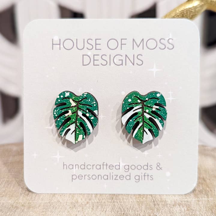Variegated Monstera Albo Stud Earrings for wholesale by House of Moss Designs
