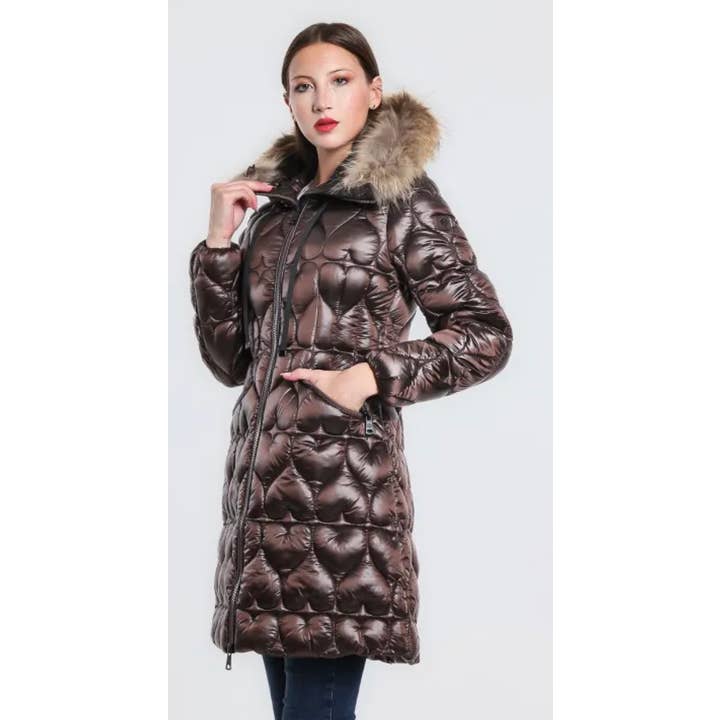 Doudoune longue chaude à capuche en fourrure 509 Chocolate Hearts pour la vente par LOOWIE