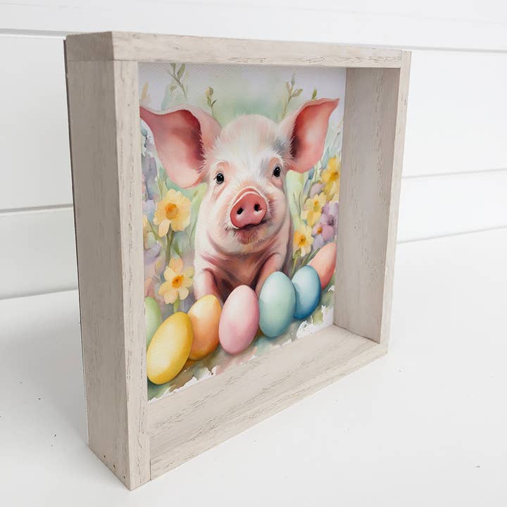 Hangout Home – wholesale Art print – Easter Eggs Pig - Springtime Piggy Canvas Art - Wood Framed