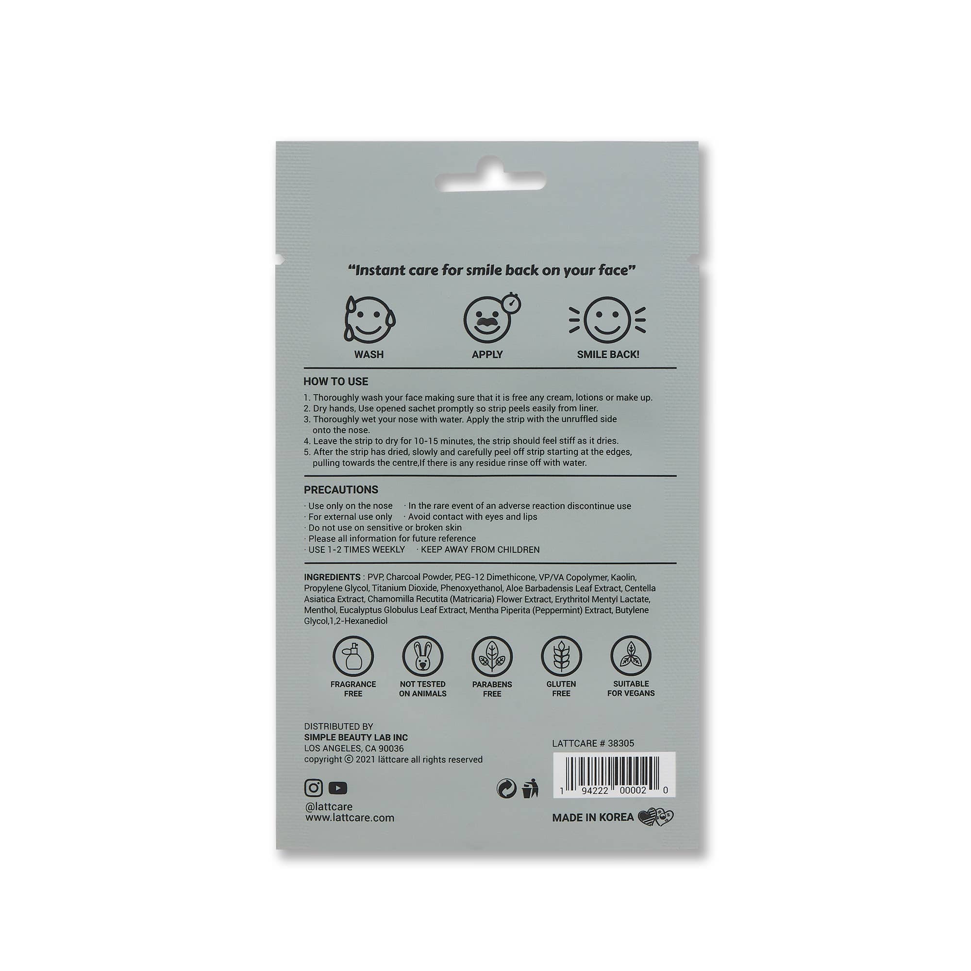 Simplebeautylab Inc - Wholesale Skincare Face Mask - lattcare Charcoal Nose Pore Strips 6 Ct4