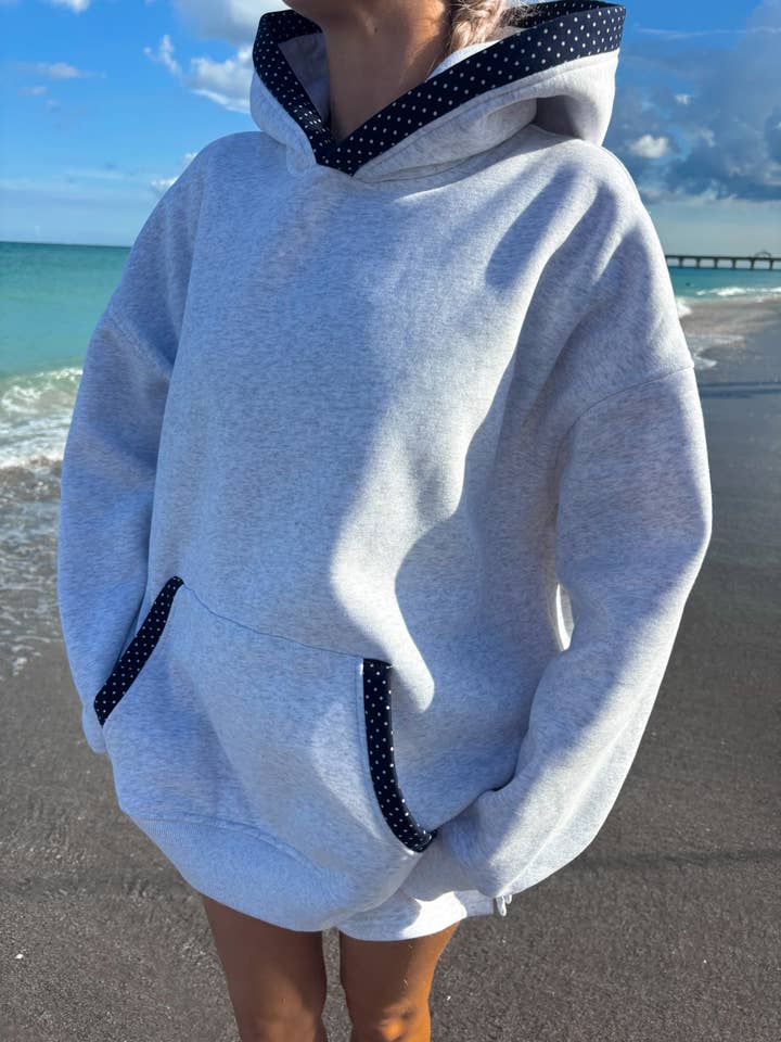 Sunkissed Coconut - Wholesale Hoodie - Women's - Pearl Grey Navy Blue Polka Dot Hoodie9