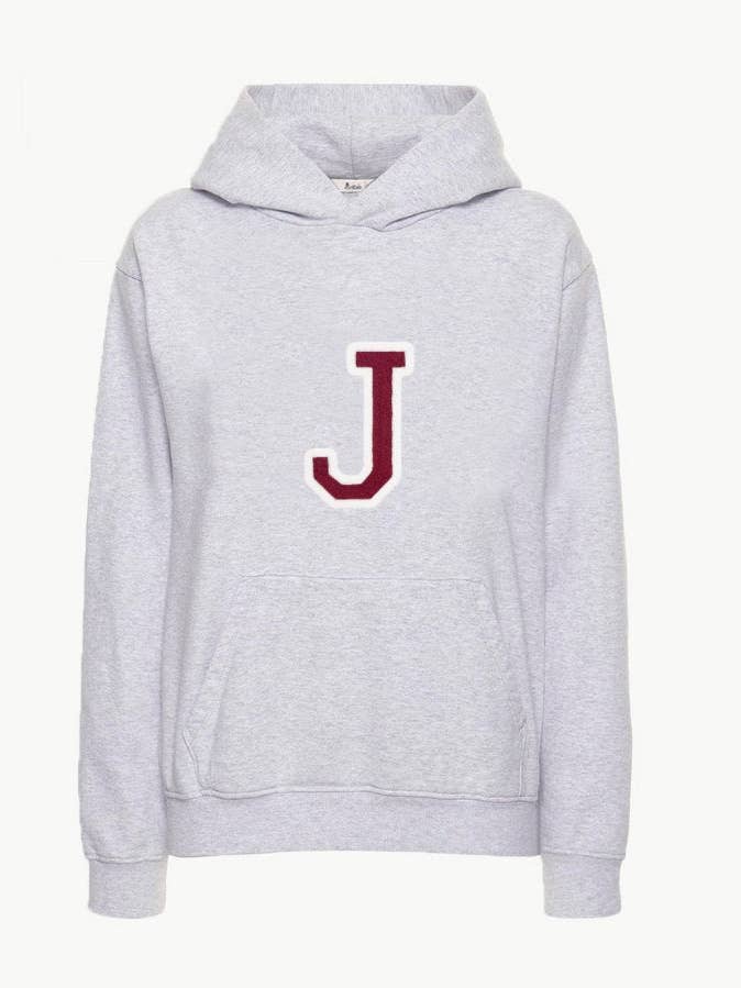 GRÅ HÆTTETRØJE | STOR BOGSTAV BORDEAUX -J- | STØRRELSE XXL for engroshandel hos Anitials
