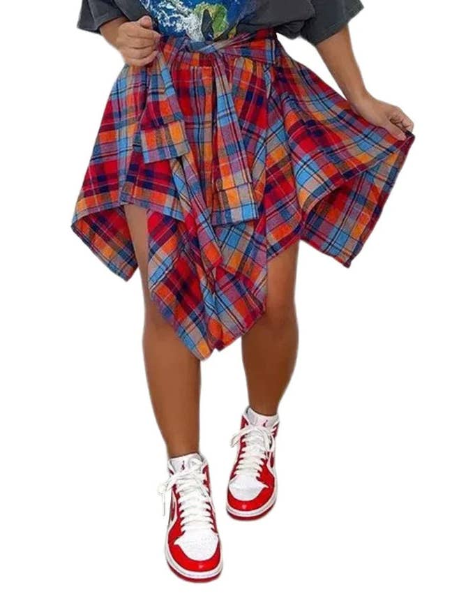 MB Fashion Wholesale - Wholesale Skirt - Women's - MB FASHION High-Waisted Plaid Skirt with Faux Tie 6556T2