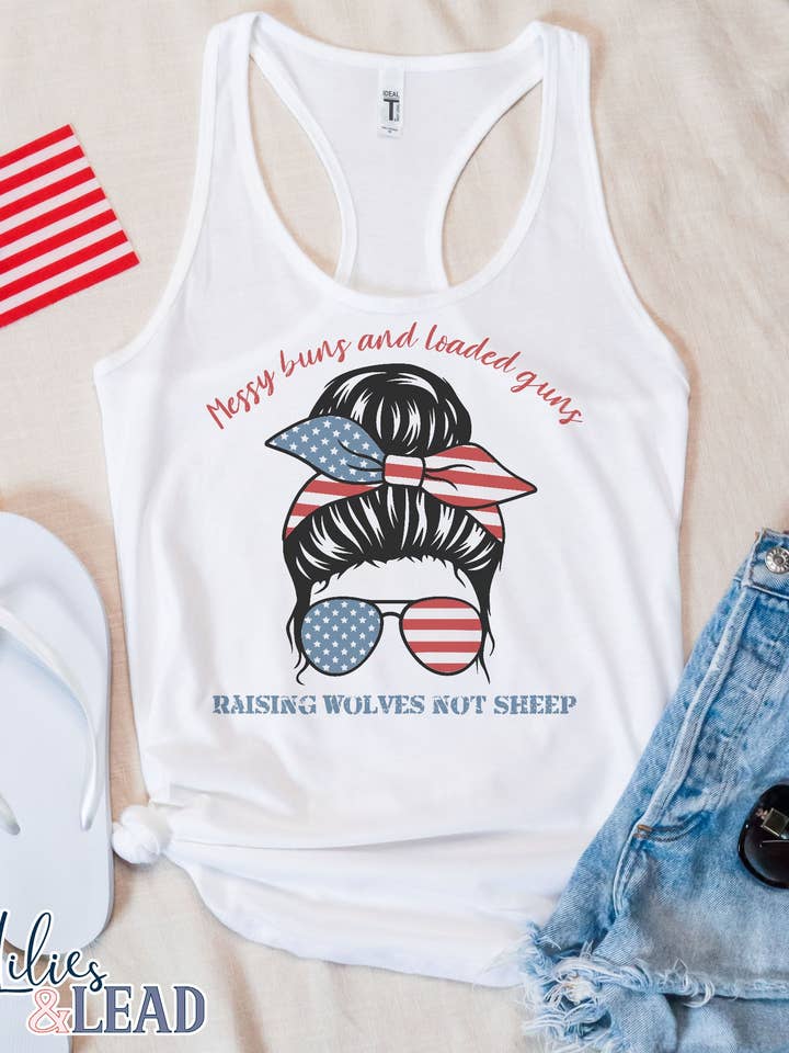 Messy Buns and Loaded Guns, Raising Wolves not Sheep Racerback Tank for wholesale by Lilies & Lead