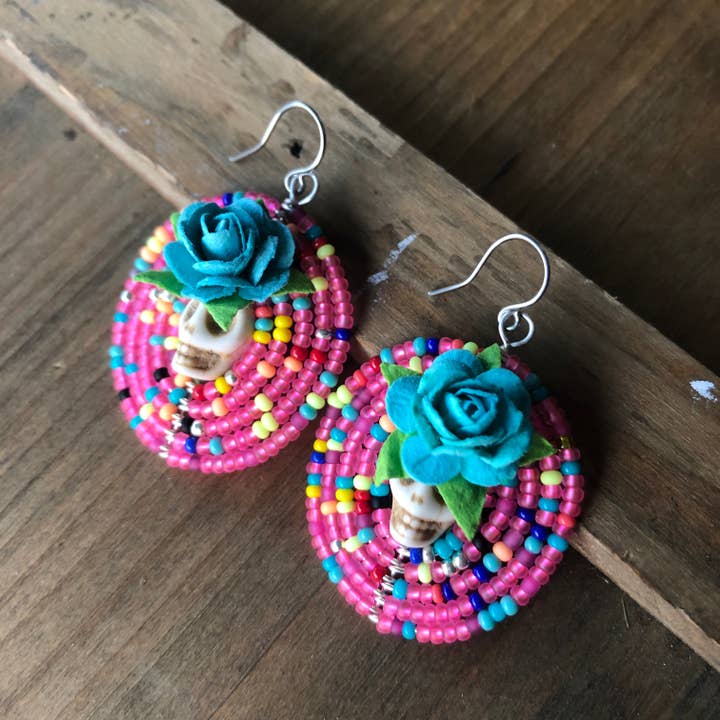 MorninGloria's - Wholesale Dangle Earrings - Large Dia De Los Muertos Beaded Earrings7