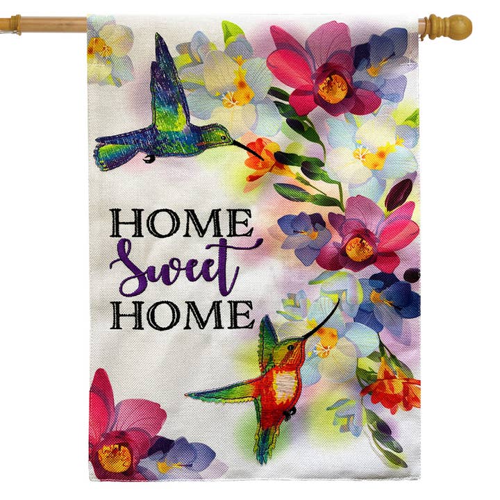 Home Sweet Home Hummingbirds Burlap House Flag for wholesale by Briarwood Lane