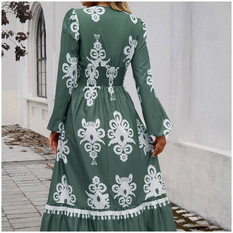 FurDecoration - Vente Robe – femme - Robe élégante à manches longues et col en V imprimé4